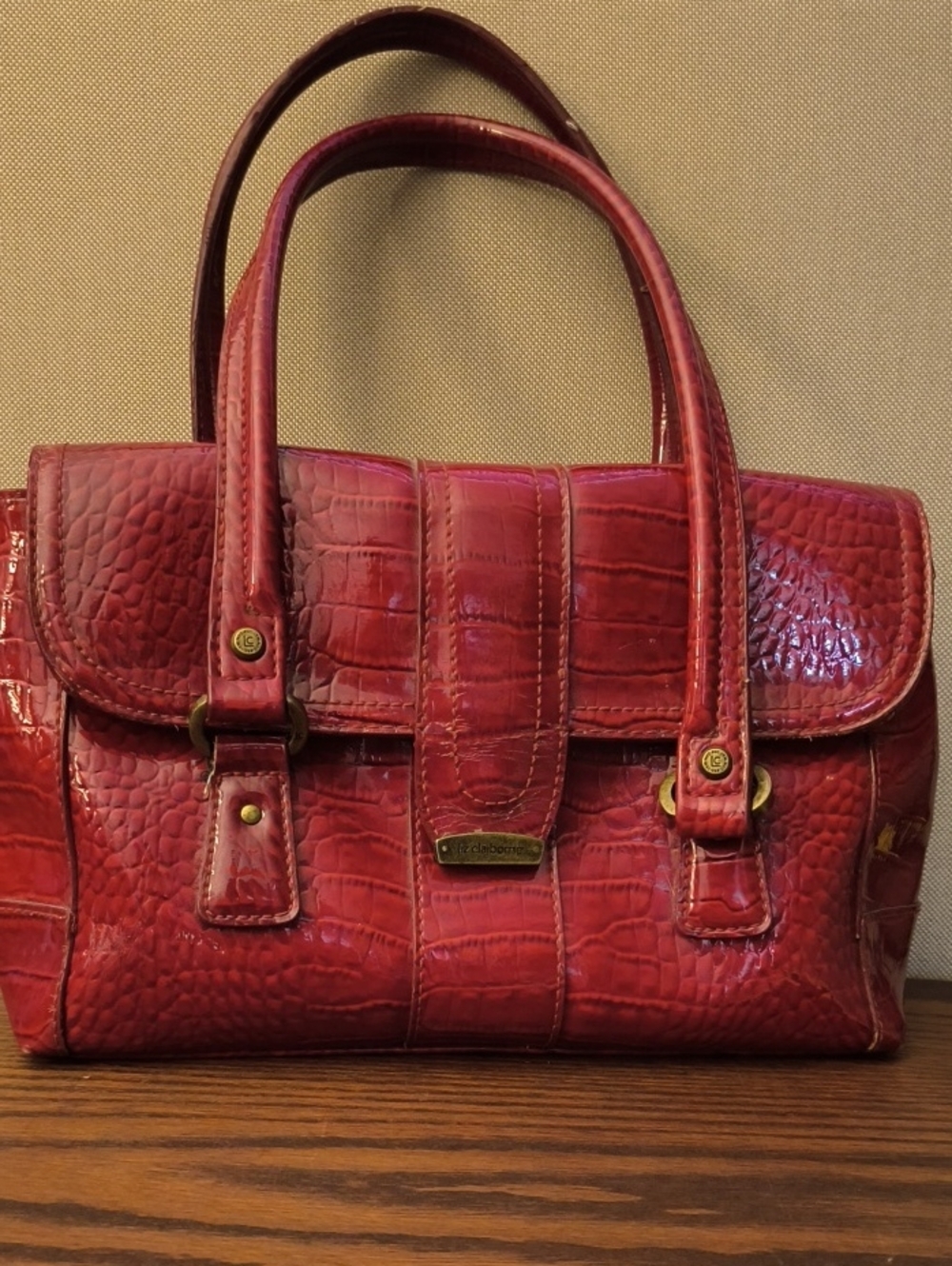 Liz Claiborne Maroon Croc-Embossed Patent Leather Satchel